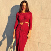 Elegant Solid Color round Neck High Slit Slim Long Sleeve Dress